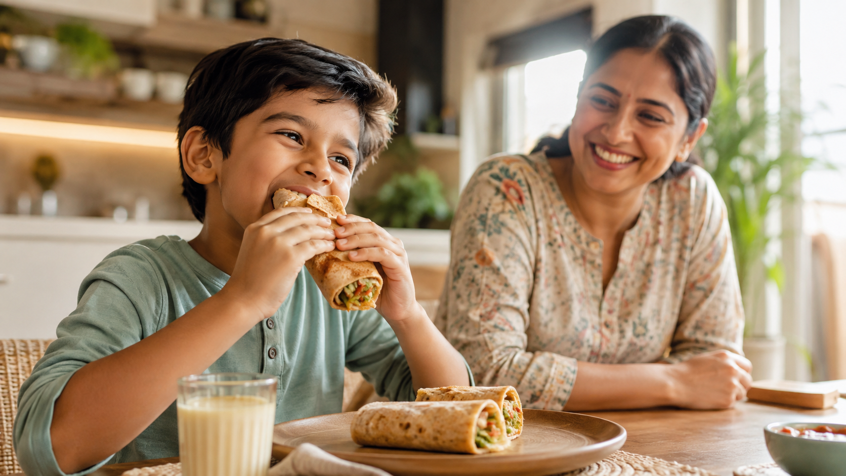 Happy mother and child at dining table